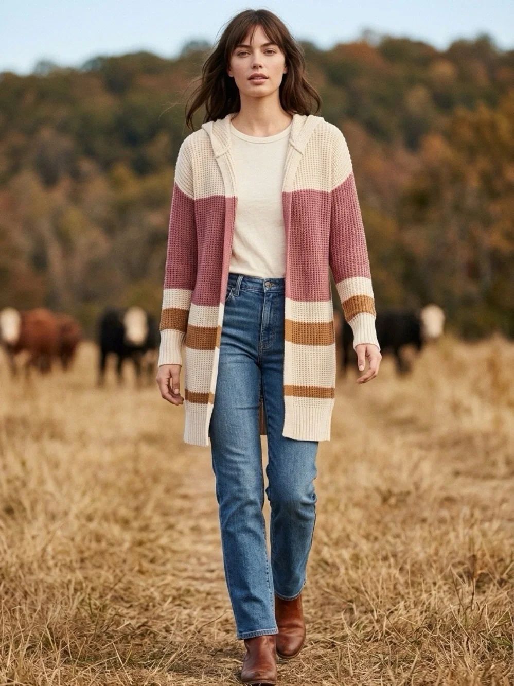 Pink Rose Hooded Open-Front Stripe Cardigan - Cream, Dusty Rose & Tan